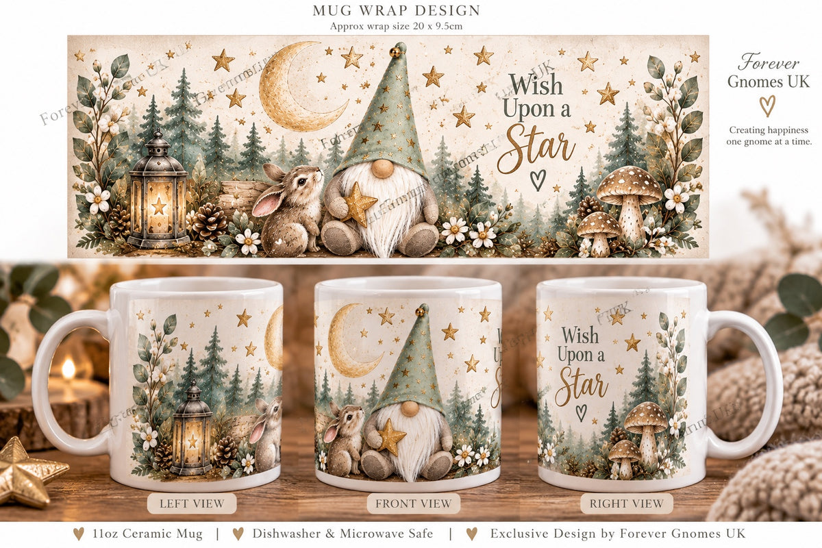 Wish Upon a Star Gnome Mug – 11oz Ceramic Woodland Mug – Exclusive Forever Gnomes UK Design