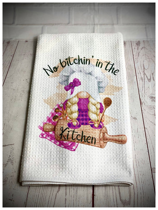 Handmade No Bitchin in the Kitchen Waffle Weave Tea Towel, Nordic, Gnome, Gonk, Swedish Tomte