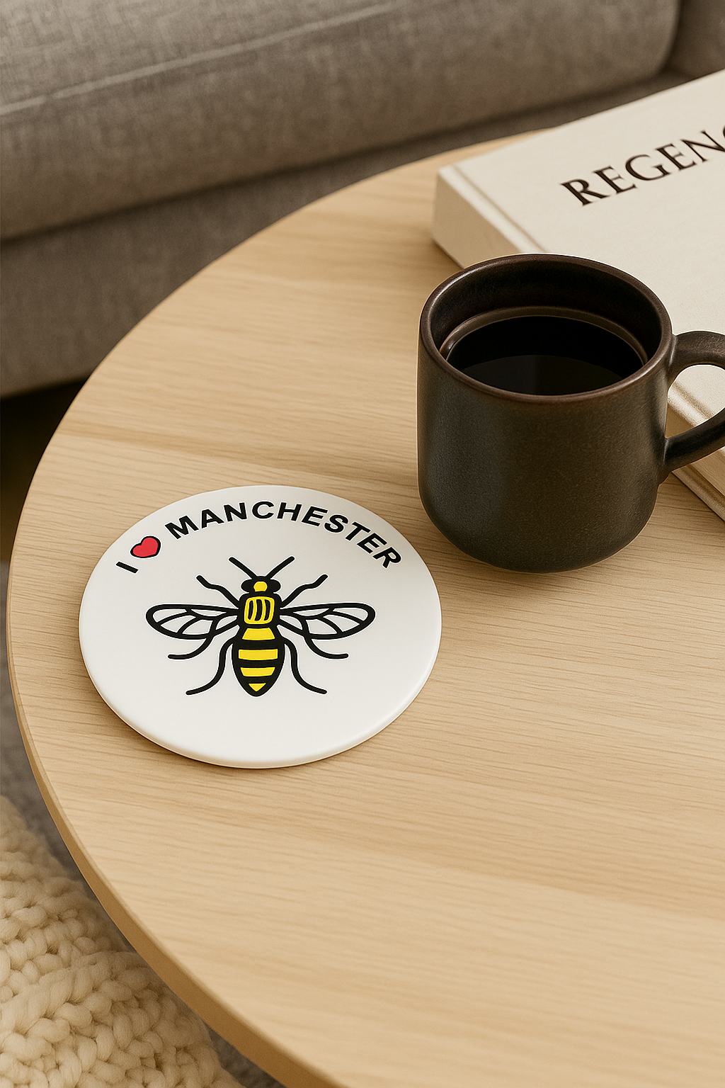 Manchester Bee, I love Manchester Round Ceramic Coaster 10.5cm