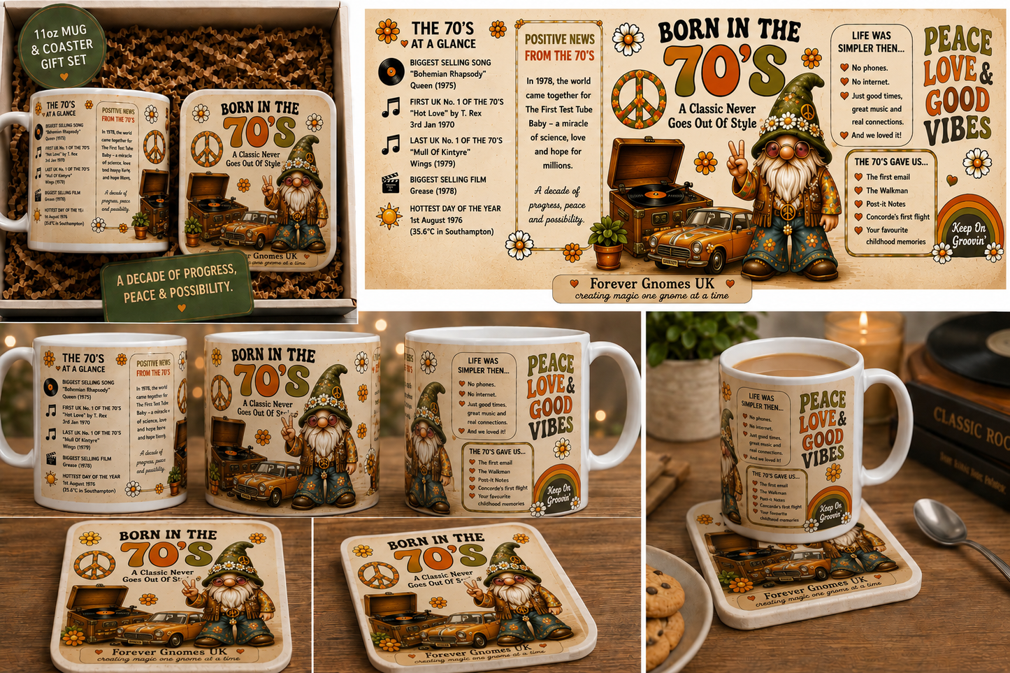 Born in the 70’s Mug & Coaster Gift Set | Retro 1970’s Birthday Gift | Nostalgic Seventies Coffee Mug | Handmade by Forever Gnomes UK