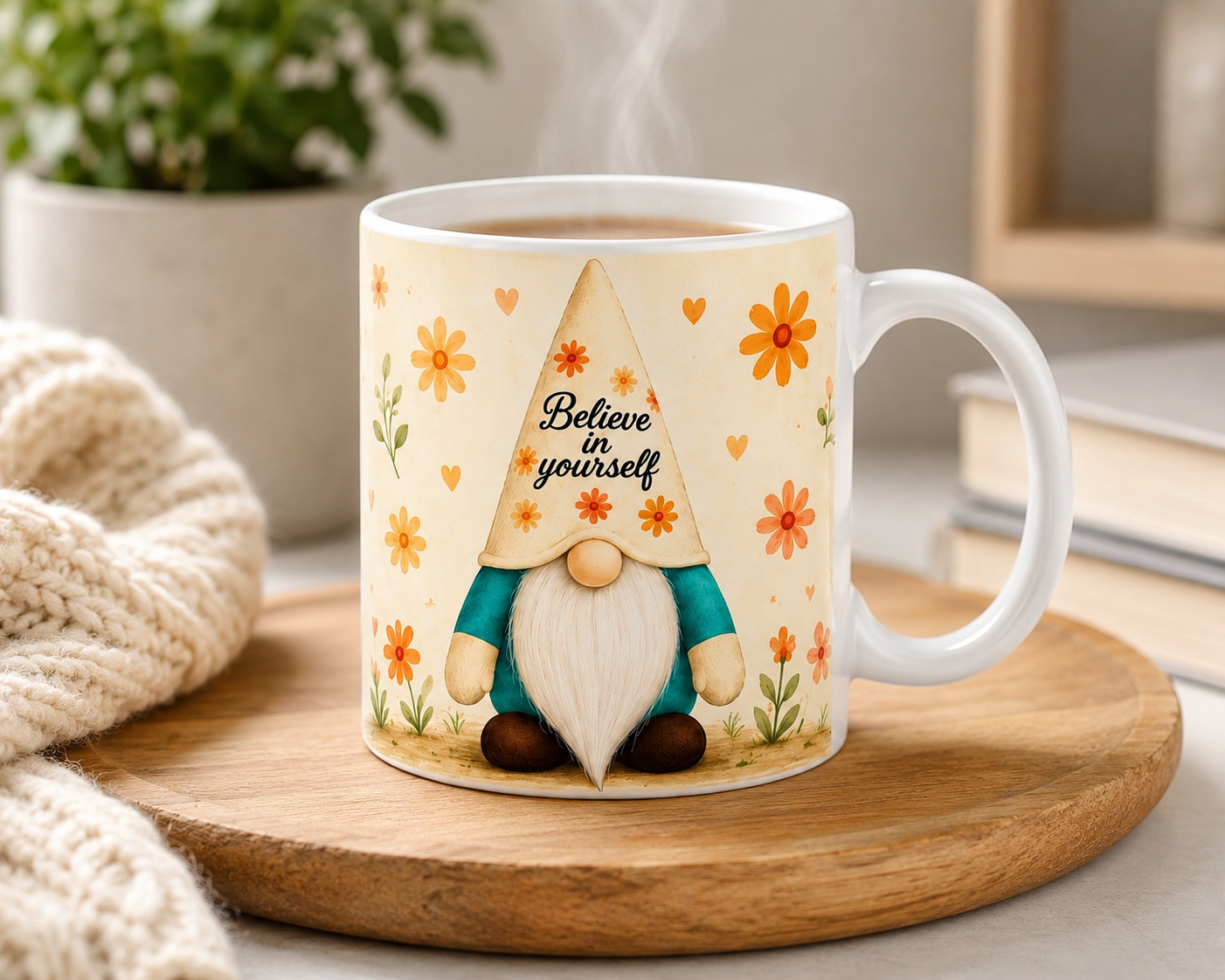 Believe In Yourself Gonk Mug – 11oz Ceramic Inspirational Mug – Floral Gnome Coffee Cup – Handmade by Forever Gnomes UK