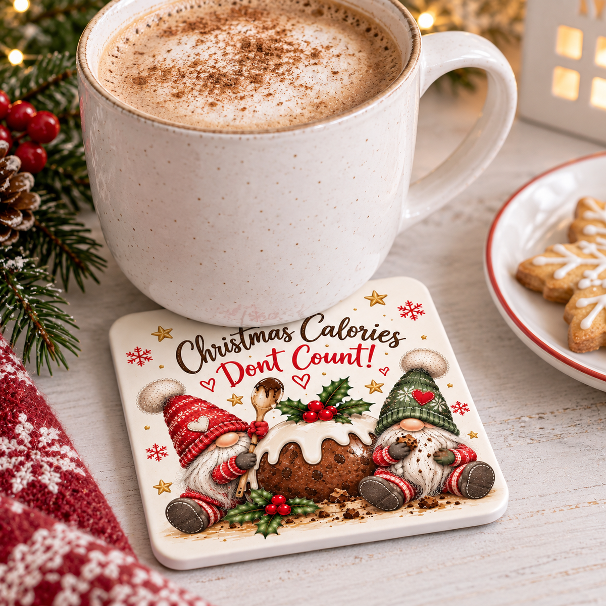 Christmas Calories Don’t Count Ceramic Coaster – Christmas Gnome & Pudding Coaster – Festive Gift