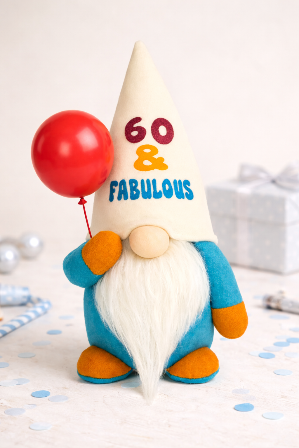 Handmade “60 & Fabulous” Birthday Gonk with Balloon – 10 Inch Nordic Gnome Gift | Heat Transfer Vinyl Detail | Swedish Tomte | Forever Gnomes UK