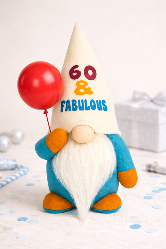 Handmade “60 & Fabulous” Birthday Gonk with Balloon – 10 Inch Nordic Gnome Gift | Heat Transfer Vinyl Detail | Swedish Tomte | Forever Gnomes UK