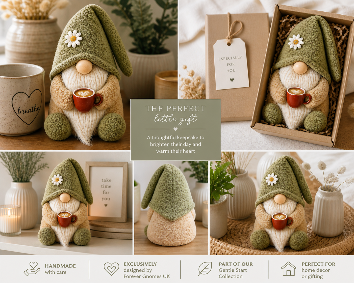 Gentle Start Gonk with Coffee Mug – 10” Handmade Decorative Gnome | Daisy Hat | Forever Gnomes UK