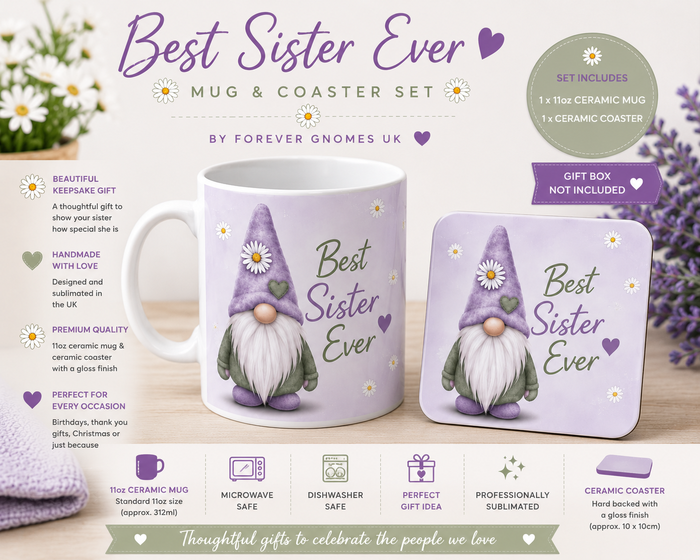 Best Sister Ever Mug & Coaster Gift Set | Sister Gift Idea | Ceramic Gonk Mug | Forever Gnomes UK
