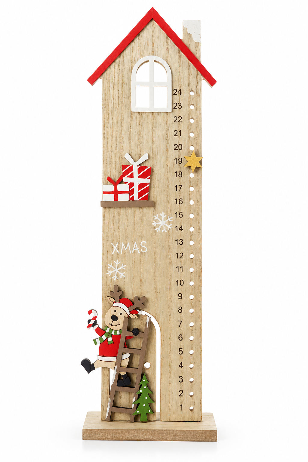 Wooden Reindeer Tall House Advent Calendar – Christmas Countdown Decoration with Moving Star – Festive Reusable Advent Calendar – 35cm