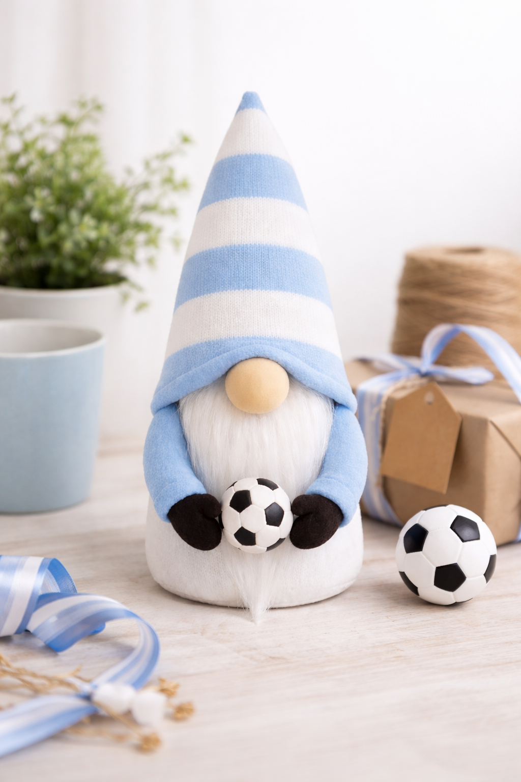 Light Blue & White Football Gonk – 9 Inch Handmade Decoration