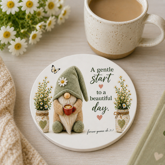 Gentle Start Gonk Coaster | Ceramic Daisy Coaster | Inspirational Gift | Cottage Style Home Decor | Forever Gnomes UK