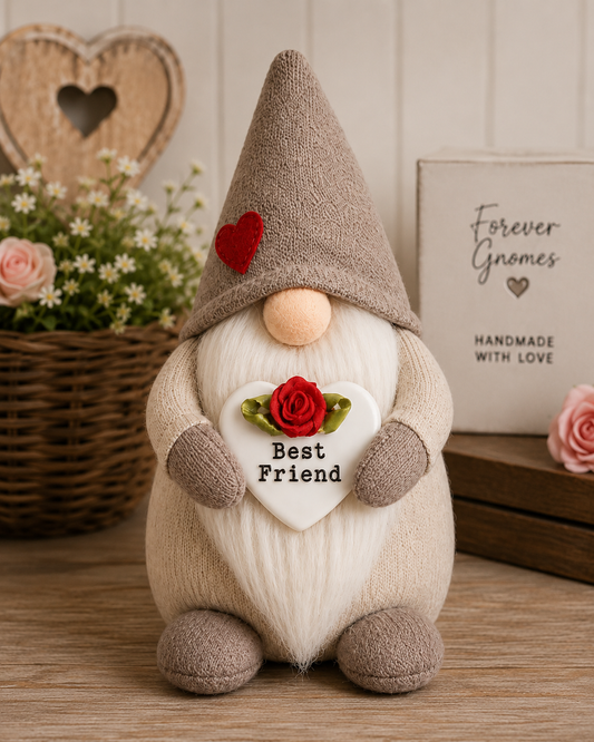 Best Friend Handmade Gonk – Taupe Friendship Gnome with Ceramic Heart & Rose | Forever Gnomes UK