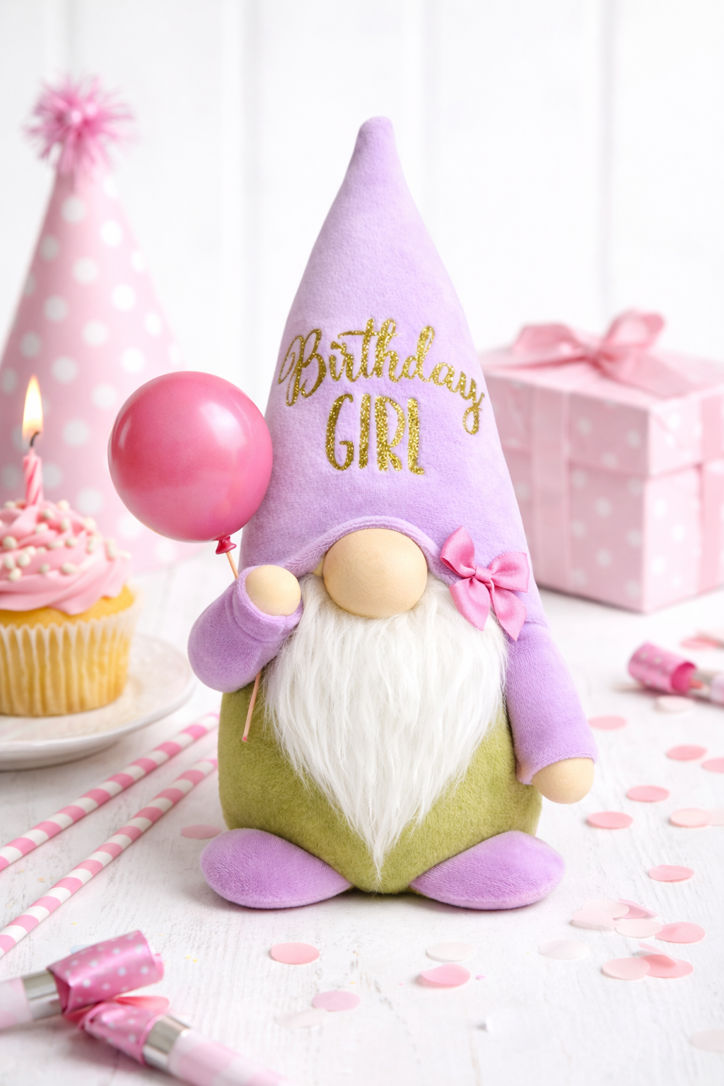 Handmade Birthday Girl Gonk with Balloon – 10 Inch Nordic Gnome Gift | Swedish Tomte | Forever Gnomes UK