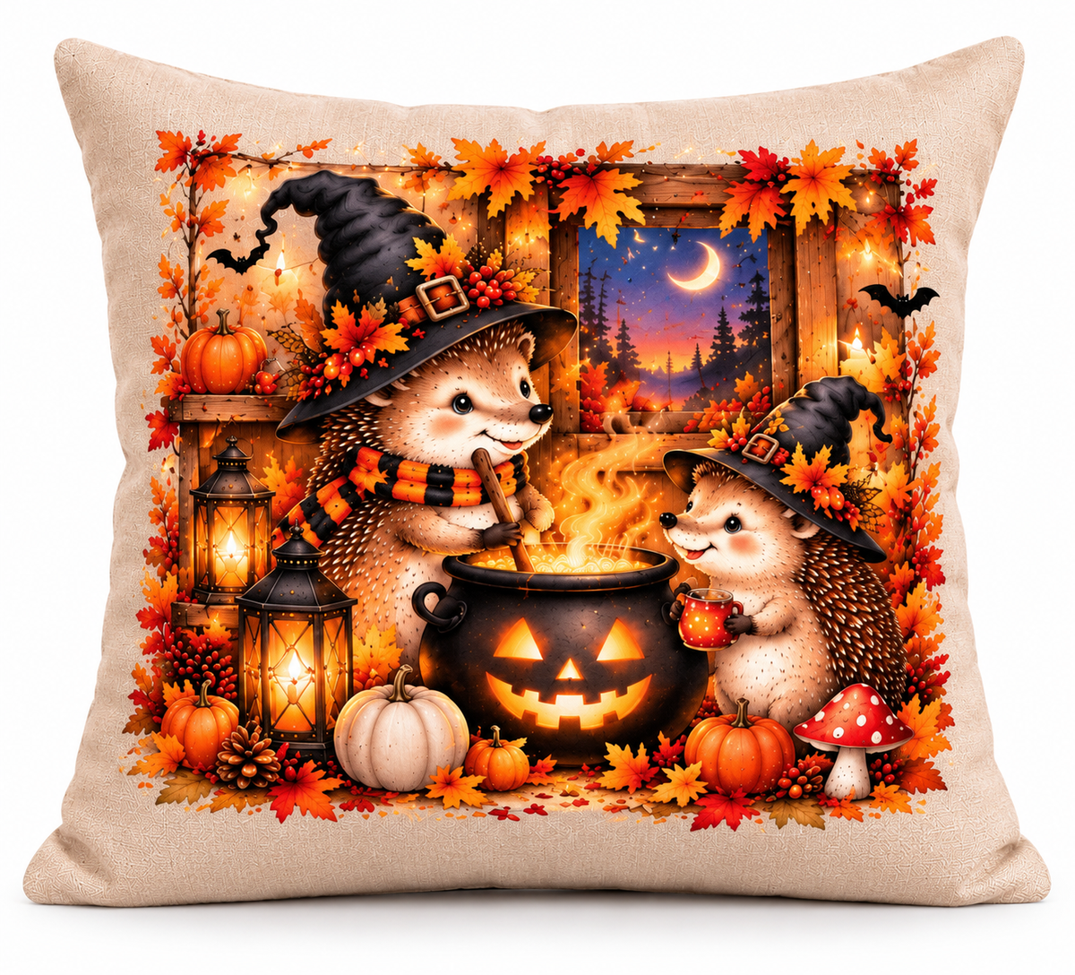 Halloween Hedgehog Cushion | Autumn Woodland Cushion | Witch Hedgehogs & Pumpkin Decor | Cosy Fall Home Décor | 40cm Cushion