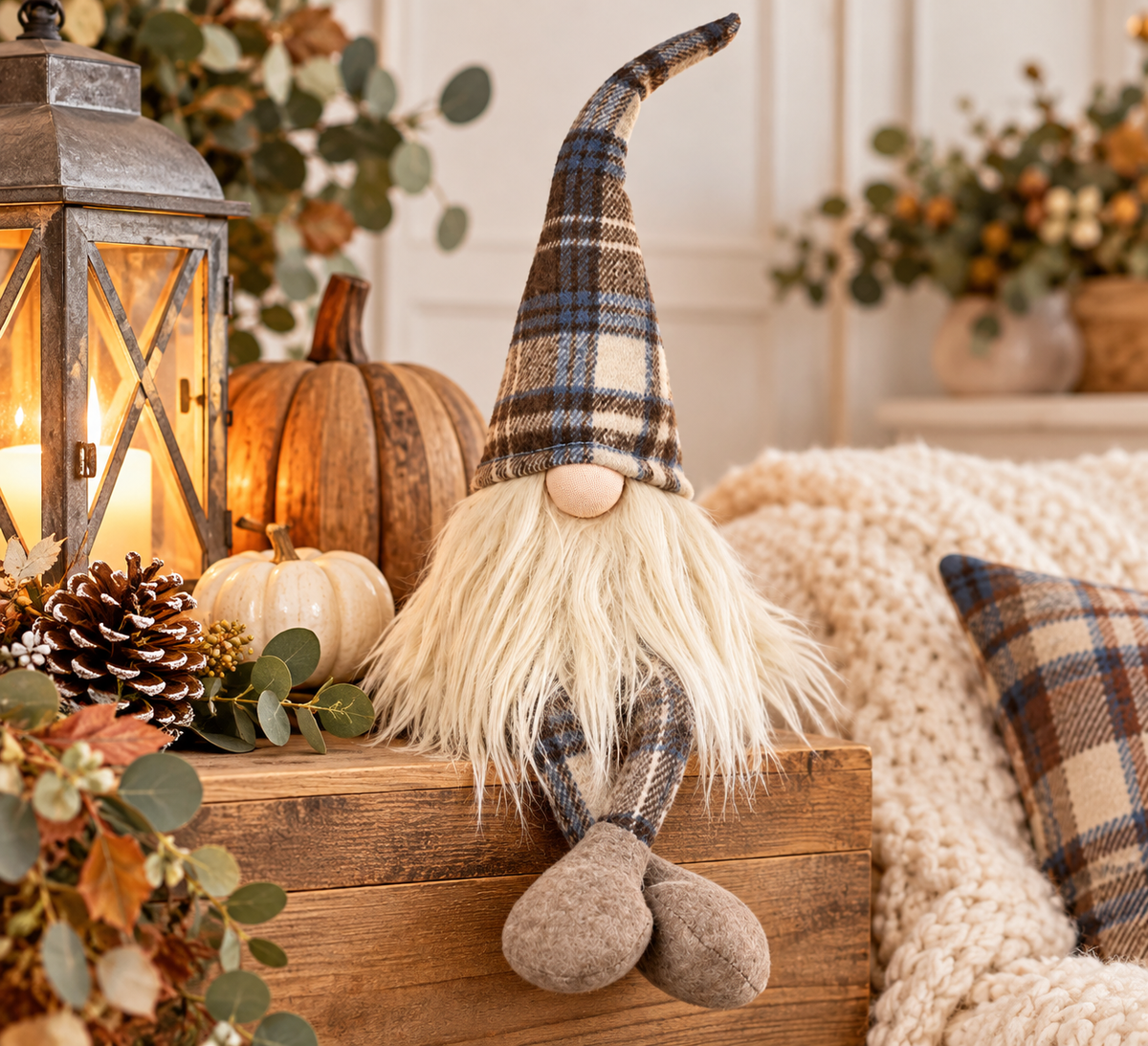 Brown Tartan Long-Legged Gnome – 45cm Autumn & Winter Decoration