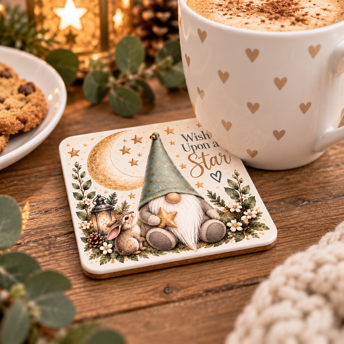 Wish Upon a Star Gnome Ceramic Coaster | 10cm Cork Backed Coaster | Exclusive Forever Gnomes UK Design | Gnome Gift
