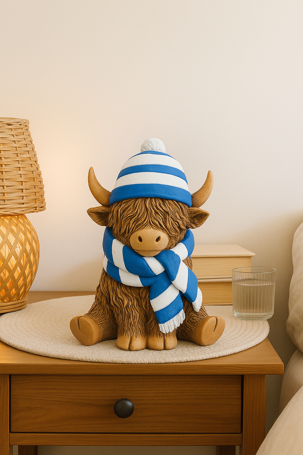 Highland Cow Ornament With Blue and White Stripped Hat and Scarf