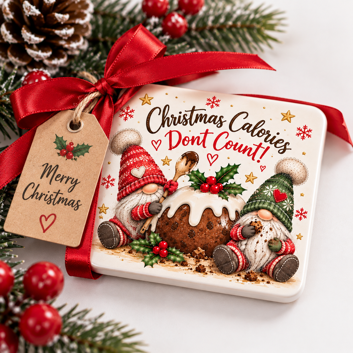 Christmas Calories Don’t Count Ceramic Coaster – Christmas Gnome & Pudding Coaster – Festive Gift