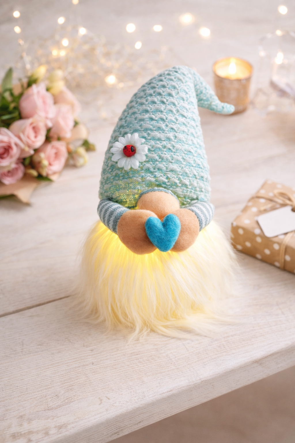 Light Up LED Gonk, with Daisy Hat, Nordic, Gnome, Swedish Tomte