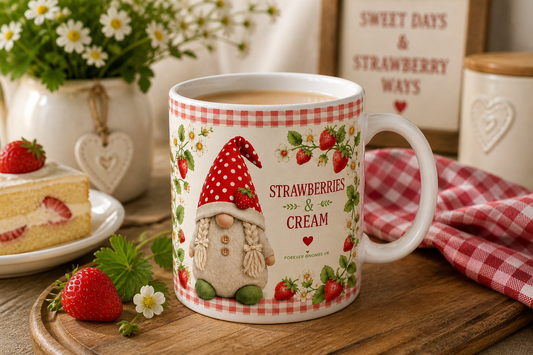 Strawberries & Cream Gonk Mug – 11oz Ceramic Mug – Summer Cottagecore Kitchen Gift – Handmade by Forever Gnomes UK