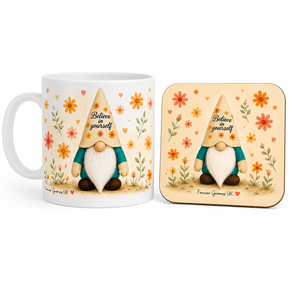 Believe In Yourself Mug & Coaster Gift Set | Floral Gonk Gift | Inspirational Coffee Mug Set | Forever Gnomes UK