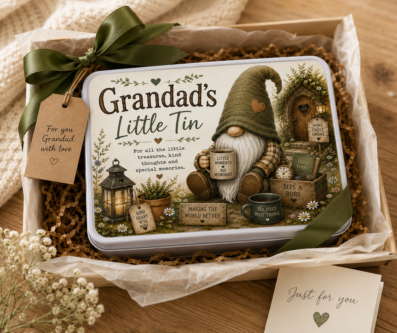Grandad’s Little Tin – Keepsake Memory Tin | Rustic Gnome Storage Tin | Gift for Grandad | Bits & Bobs Metal Tin