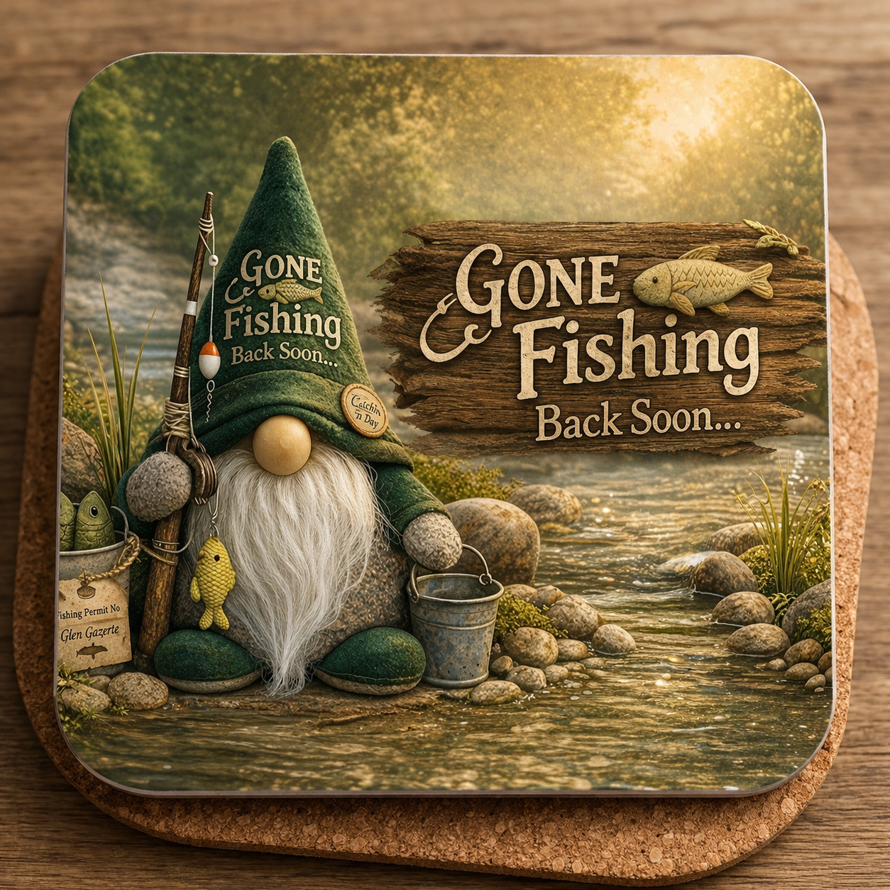 Gone Fishing Mug & Coaster Gift Set  Designed & Handmade by Forever Gnomes UK