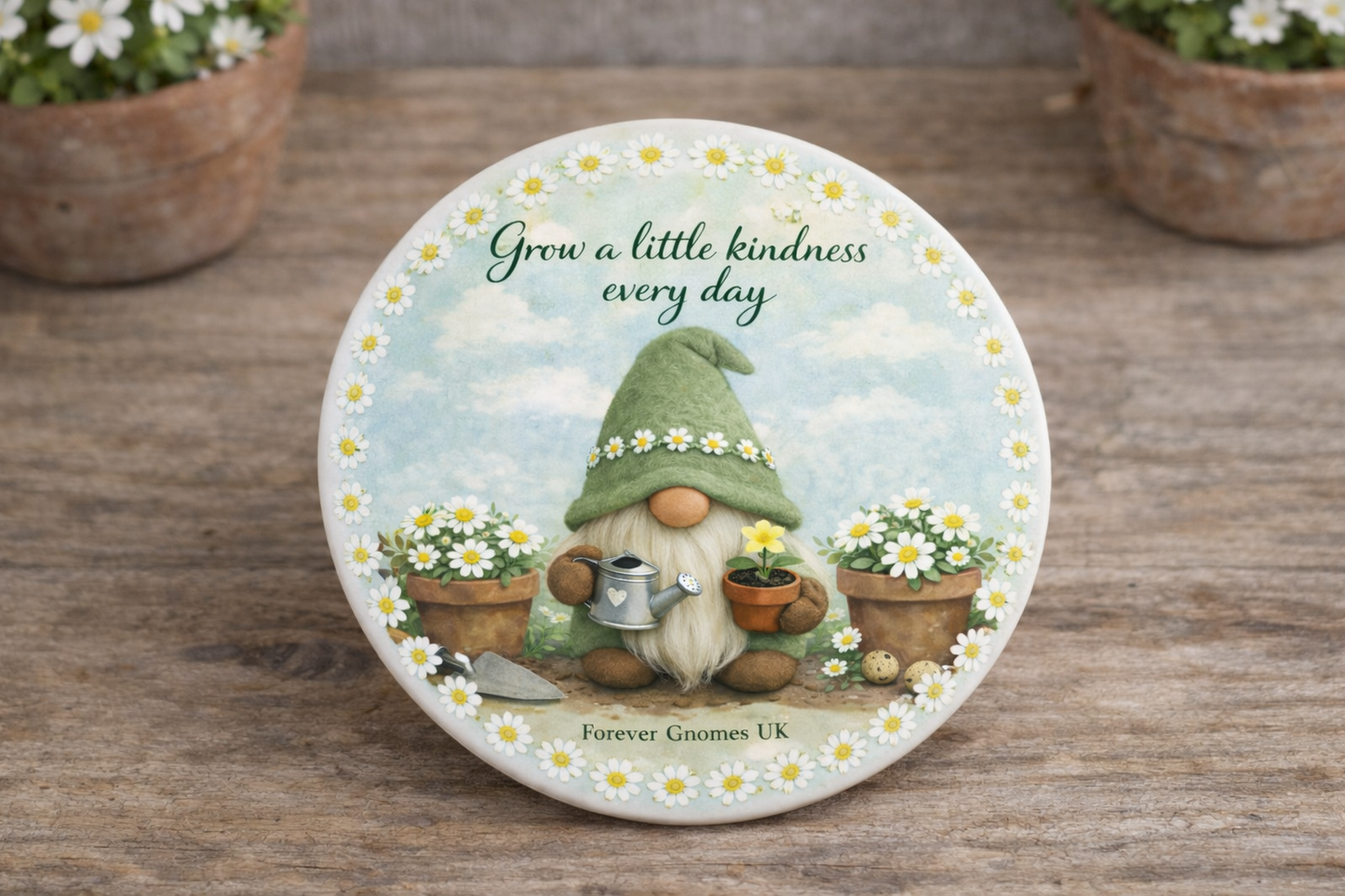 Grow a Little Kindness Every Day – Gnome Ceramic Coaster