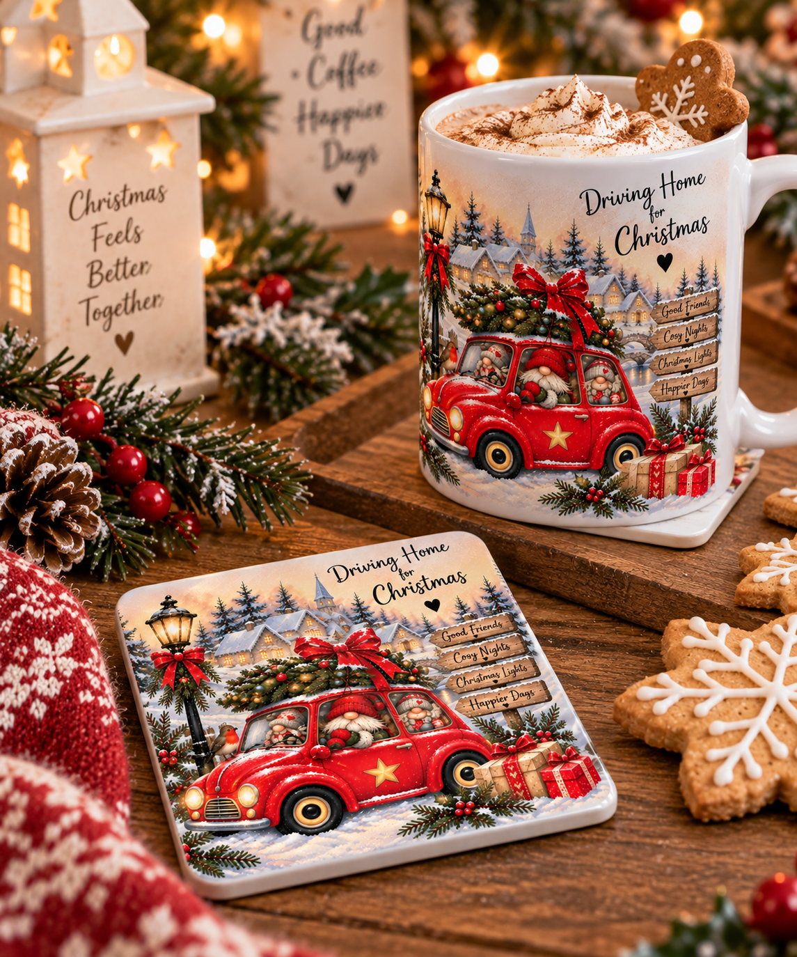 Driving Home for Christmas Gnome Coaster – 10cm Ceramic Christmas Coaster with Cork Back – Exclusive to Forever Gnomes UK
