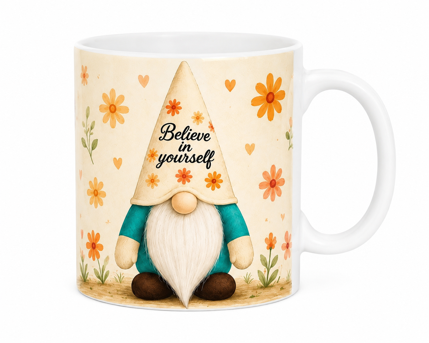 Believe In Yourself Gonk Mug – 11oz Ceramic Inspirational Mug – Floral Gnome Coffee Cup – Handmade by Forever Gnomes UK