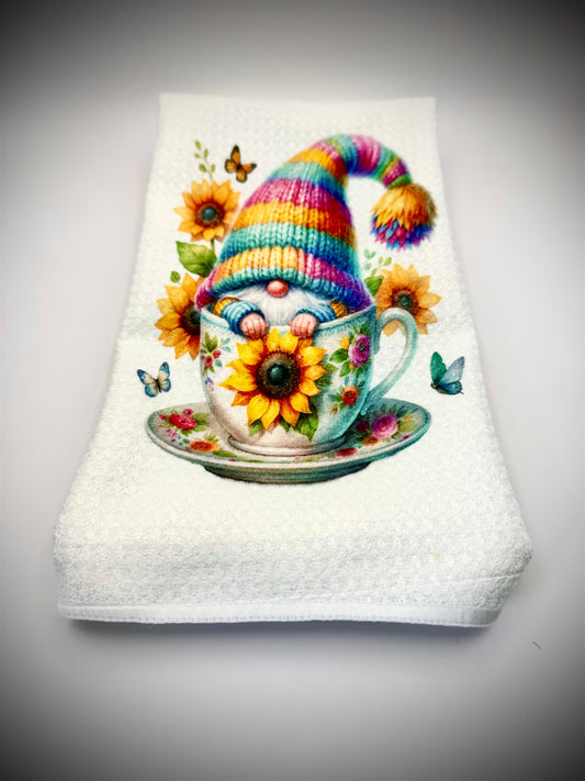 Handmade Teacup Waffle Weave Gnome Tea Towel