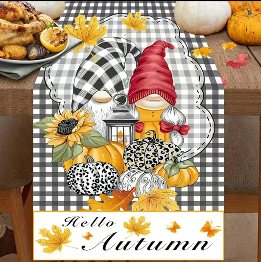 Hello Autumn Gnome Linen Table Runner, Gonk, Nordic, Swedish Tomte