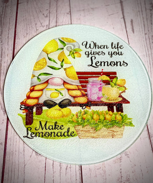 Handmade when life gives you lemons Gonk glass chopping board, 20 x 20, Nordic, gnome, Swedish tomte