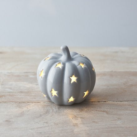 LED Ceramic Pumpkin with Star Cutout, 8cm Grey