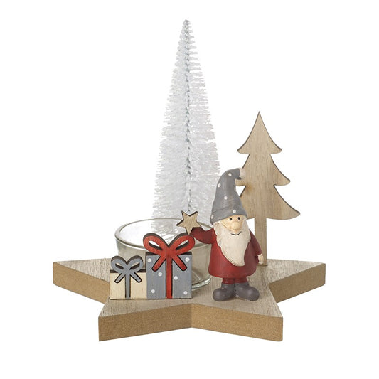 Wooden Christmas Star Gonk T-Light Holder, Nordic, Gnome, Swedish Tomte