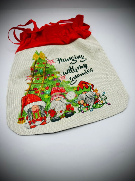 Small Gonk Christmas gift bag with red Valour drawstring finish