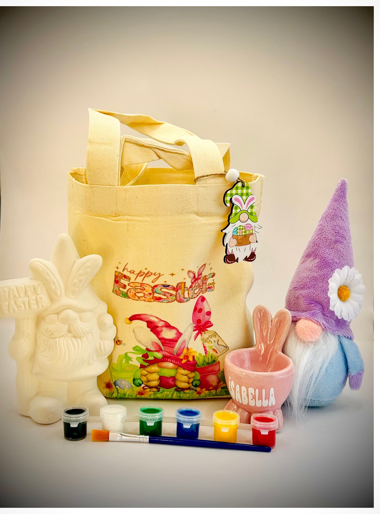 Girl’s Easter Linen Gift Bag Containing, Paint your own Gonk, Egg Cup, Gonk and Reusable Bag