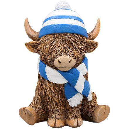 Highland Cow Ornament With Blue and White Stripped Hat and Scarf