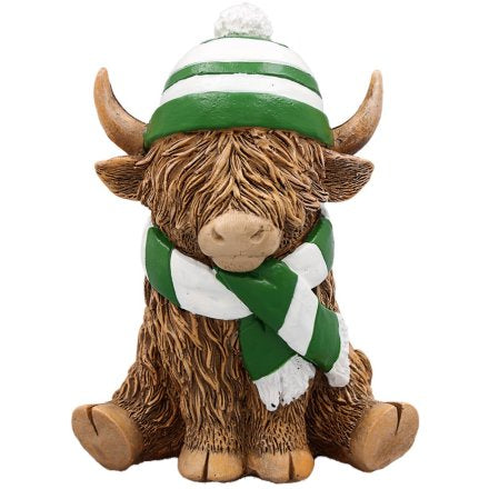 Highland Cow Ornament with Green and White Scarf