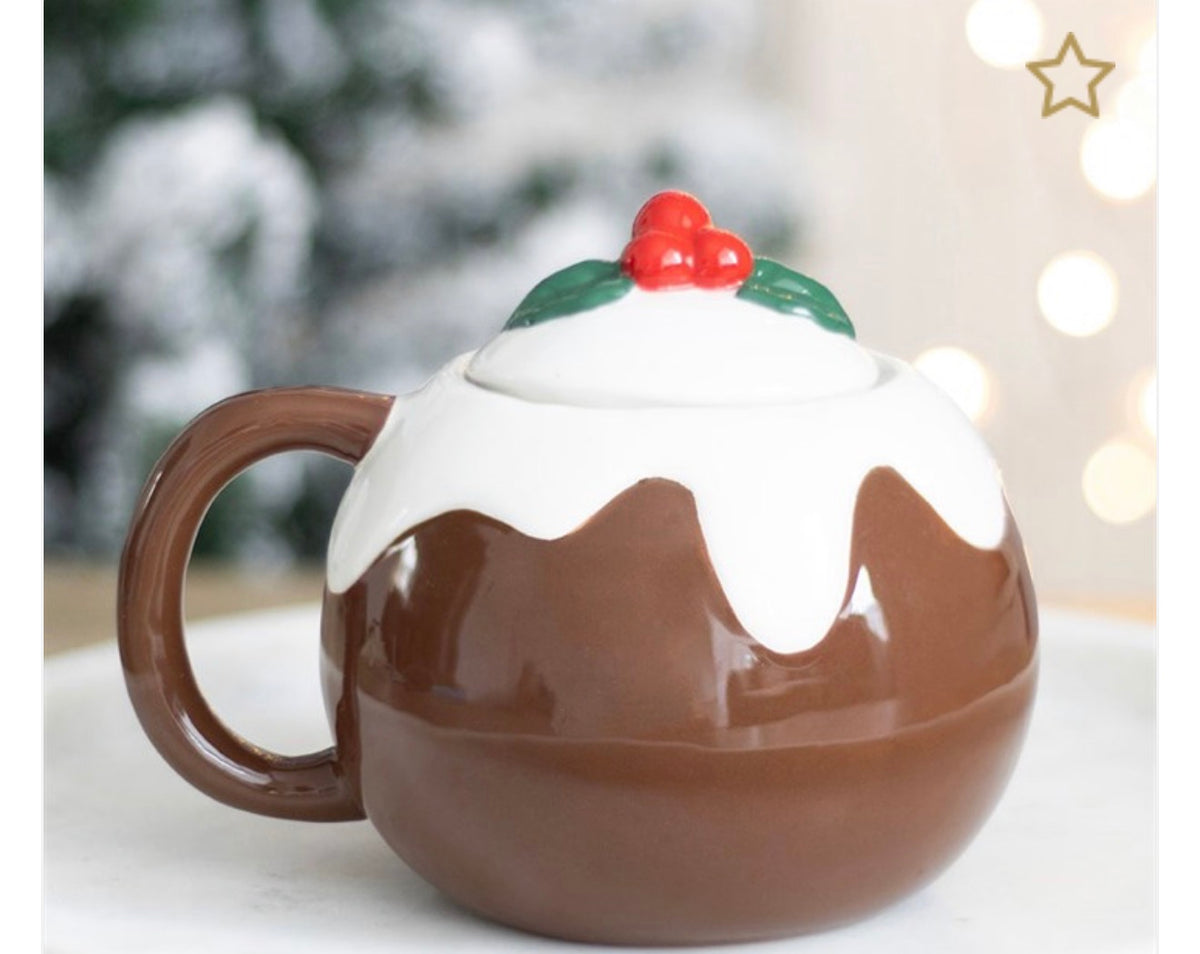 Christmas Pudding Mug with Lid | Ceramic Christmas Mug | Festive Hot Chocolate Cup | Christmas Gift