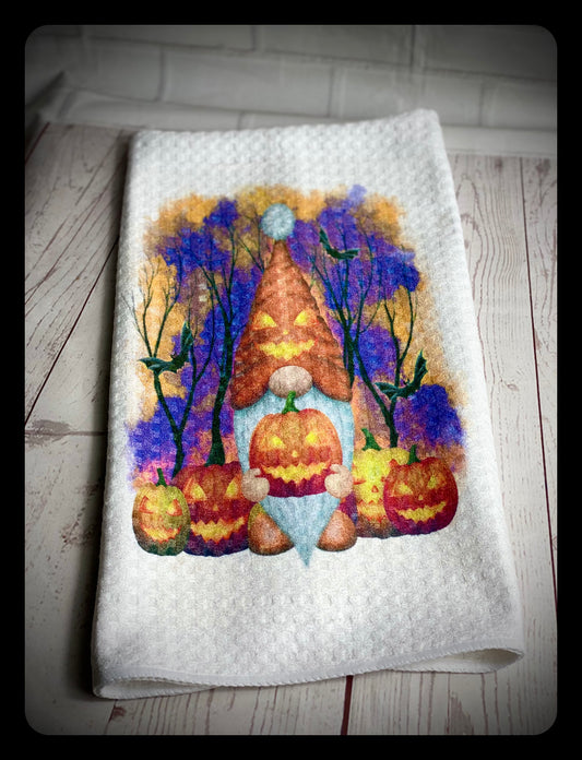 Handmade Halloween Pumpkin Large Waffle Weave Tea Towel, Gonk, Nordic Gnome, Gnome, Swedish Tomte