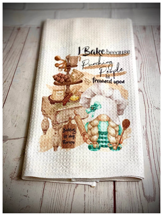 Handmade I Bake Because Waffle weave Gnome Tea Towel, Nordic, Gonk, Swedish Tomte