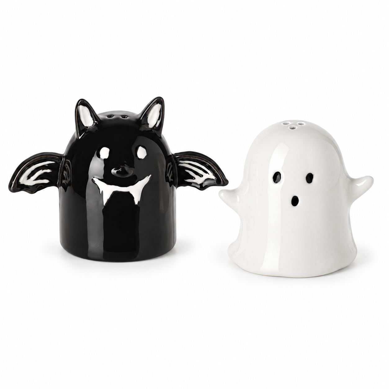 Ceramic Bat & Ghost Salt and Pepper Shaker Set – Halloween Kitchen Décor