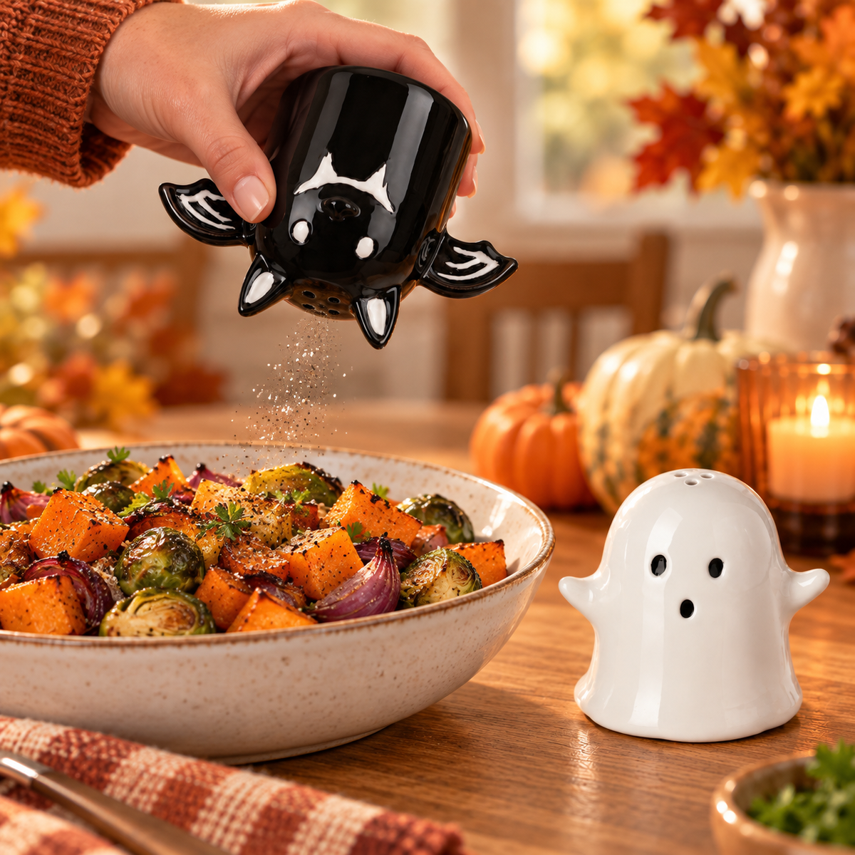 Ceramic Bat & Ghost Salt and Pepper Shaker Set – Halloween Kitchen Décor