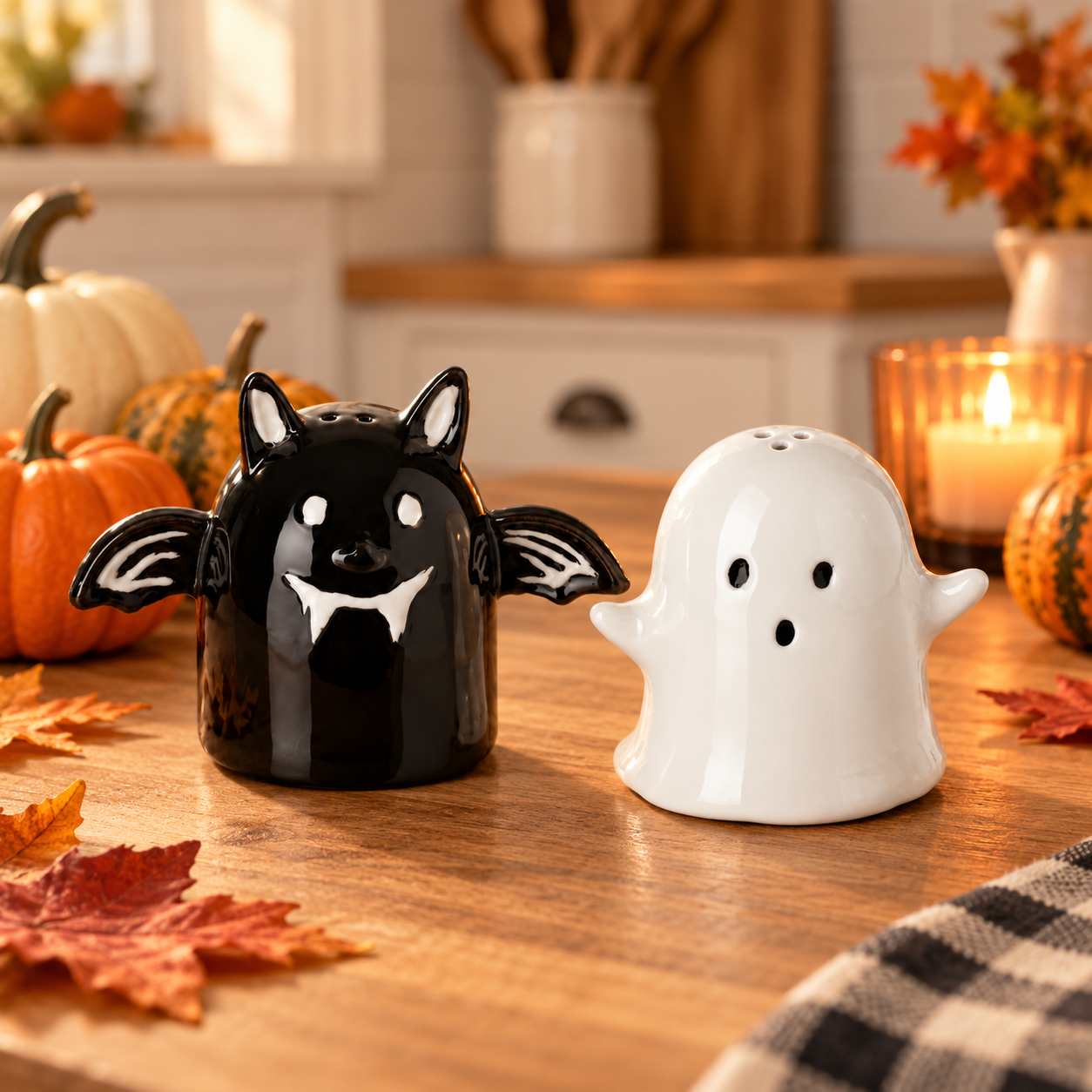 Ceramic Bat & Ghost Salt and Pepper Shaker Set – Halloween Kitchen Décor