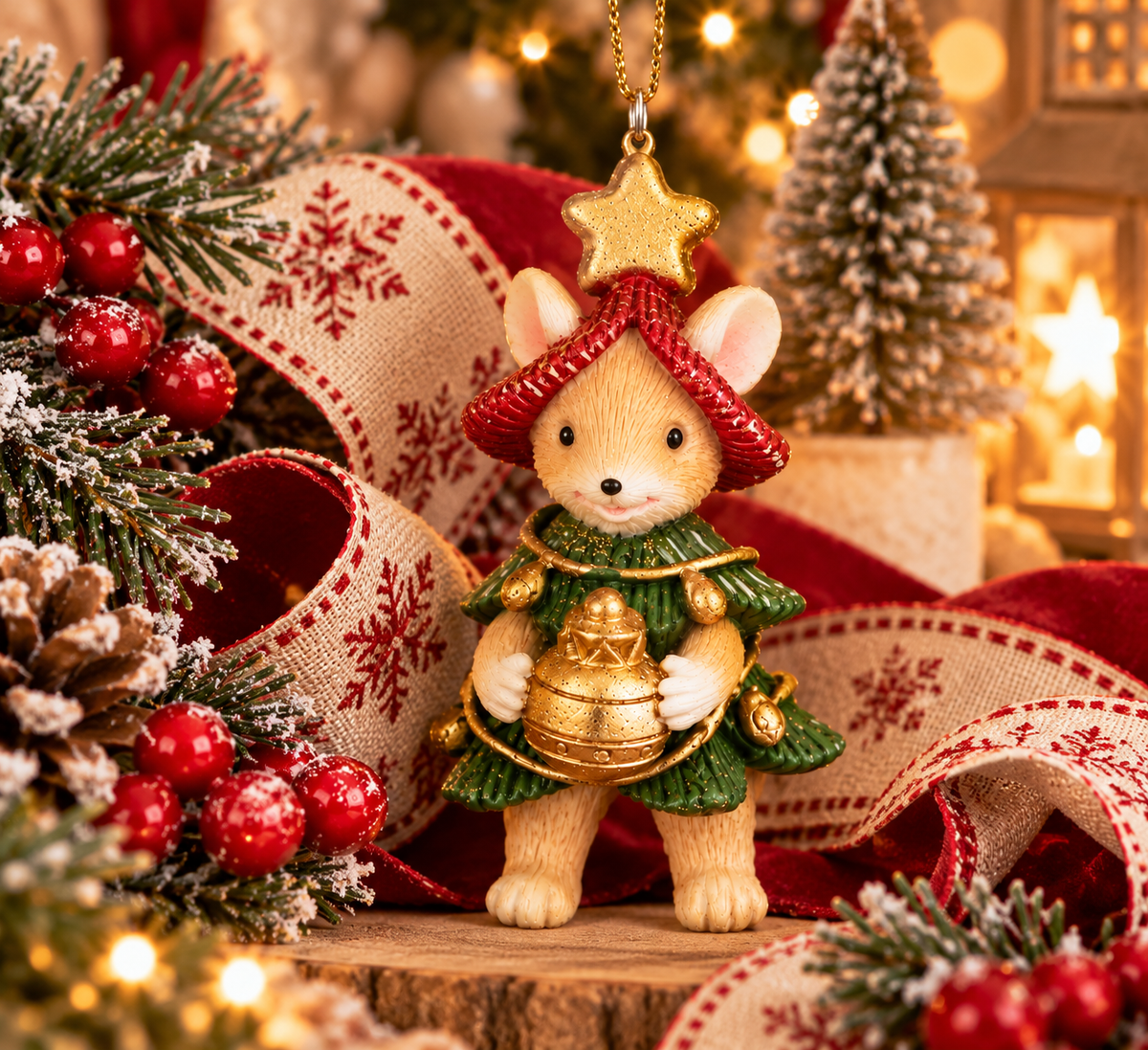 Christmas Mouse Ornament, Traditional Green Red Gold, 7cm x 3.5cm x 4cm