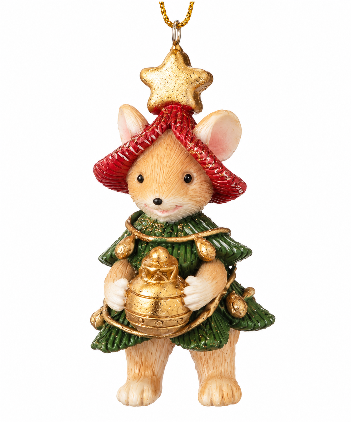 Christmas Mouse Ornament, Traditional Green Red Gold, 7cm x 3.5cm x 4cm