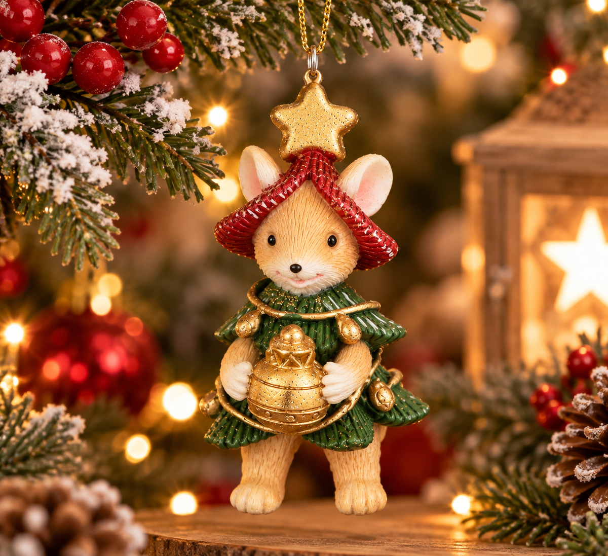 Christmas Mouse Ornament, Traditional Green Red Gold, 7cm x 3.5cm x 4cm