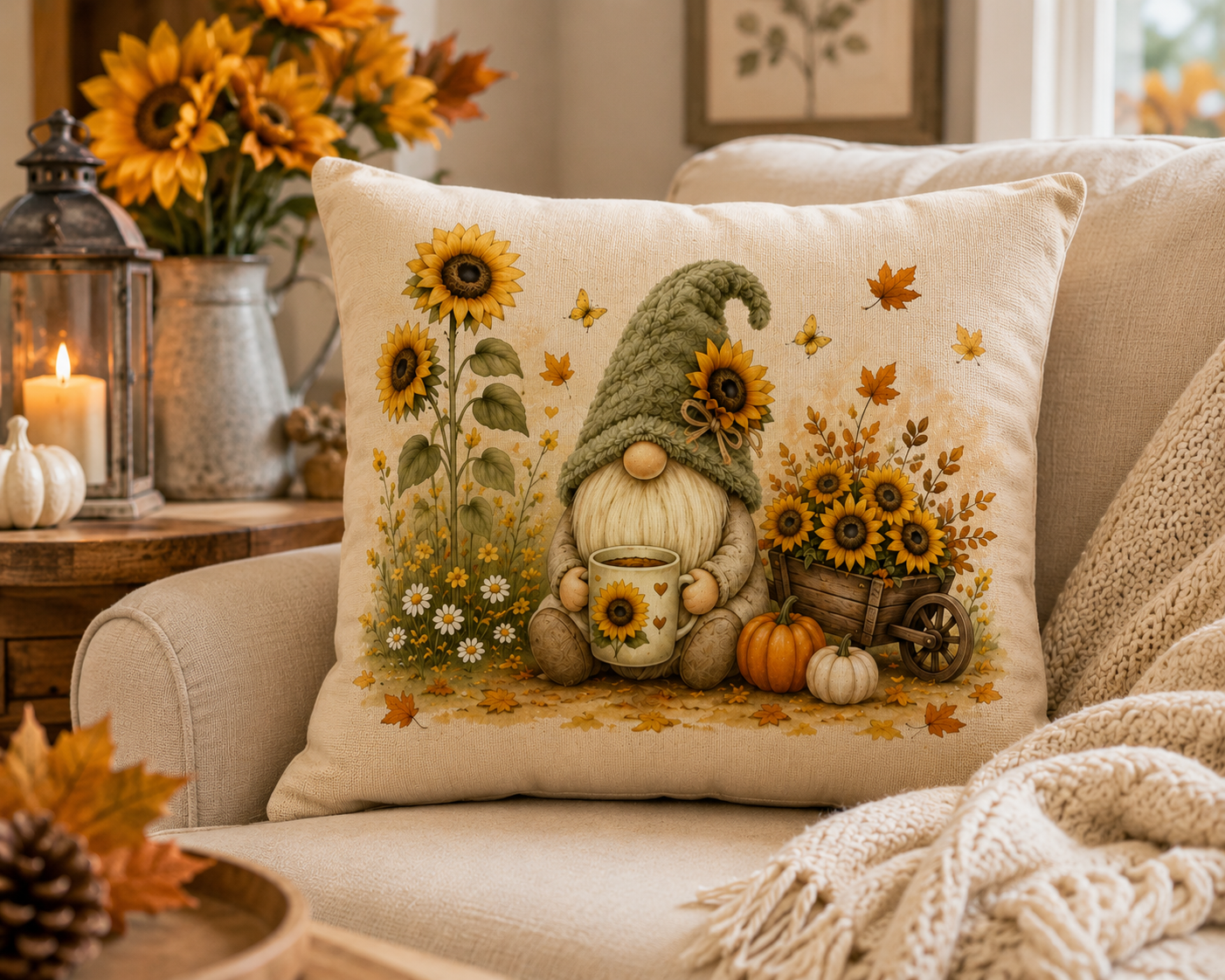 Autumn Sunflower Gnome Cushion – 40 x 40cm