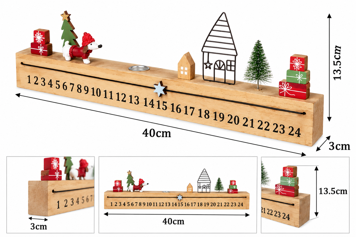 Wooden Christmas Advent Countdown Decoration – Festive Dog & Village Scene – 40cm