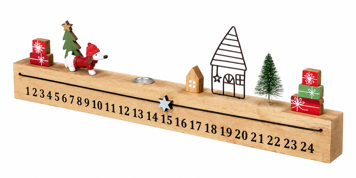 Wooden Christmas Advent Countdown Decoration – Festive Dog & Village Scene – 40cm