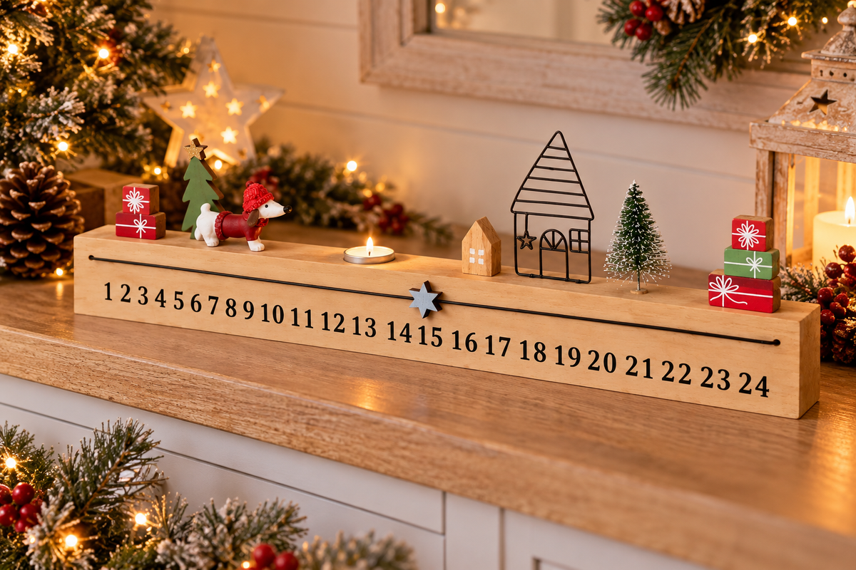 Wooden Christmas Advent Countdown Decoration – Festive Dog & Village Scene – 40cm